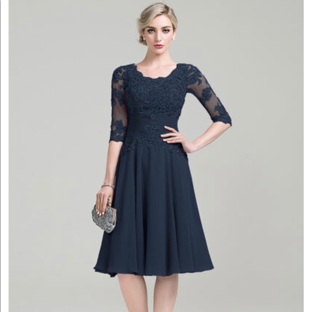 NWT Navy Lace Appliqué and Ruched A-line Dress